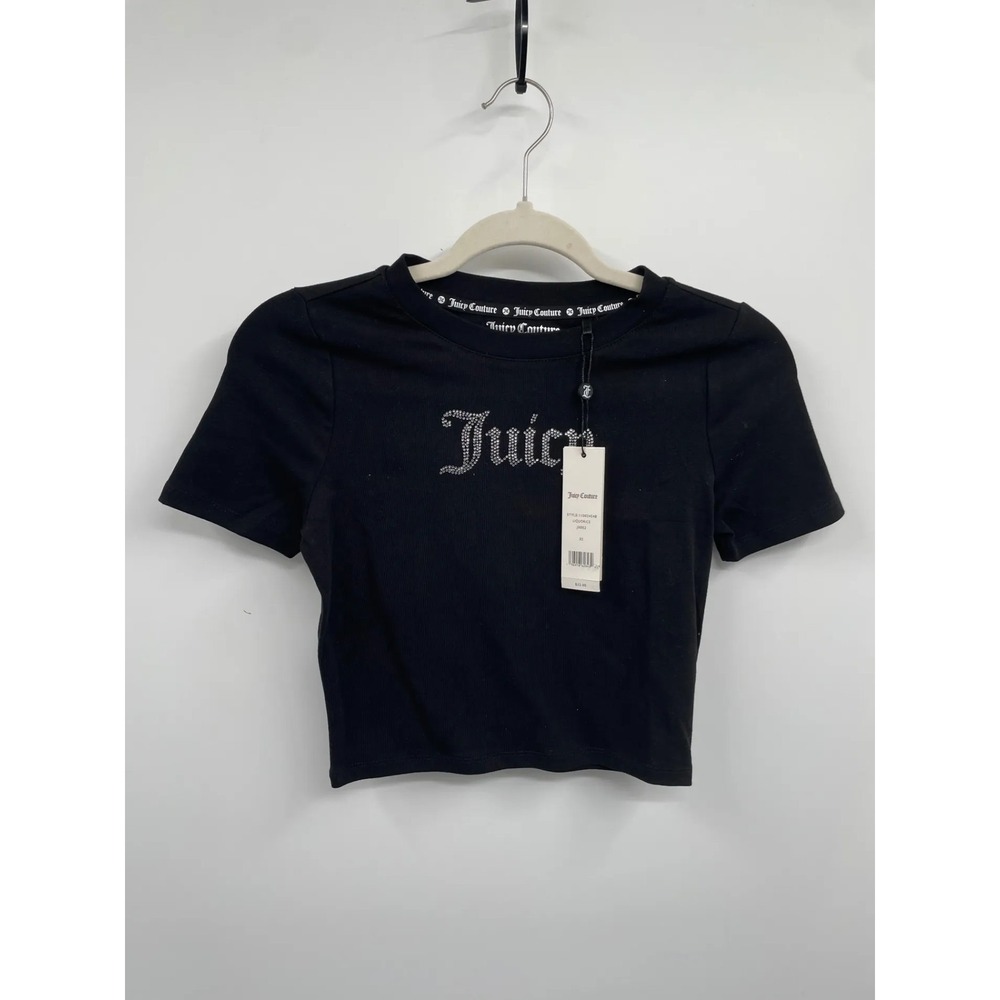 Juicy Couture Womens Rhinestone T-Shirt Crop Top Size XS Black Short Sleeve